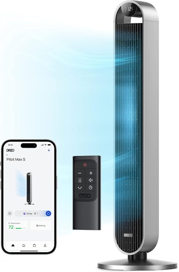 9c262149f98e49b0aa8b82e4dfe40b29 Dreo Tower Fan for Bedroom, 42 Inch 120° Oscillating Fan, 25dB Quiet DC Motor, 28ft/s Velocity Bladeless Standing Fan with 12 Speeds, 4 Modes, 12H Timer Cooling Fans for Home, Living Room, Pilot Max S