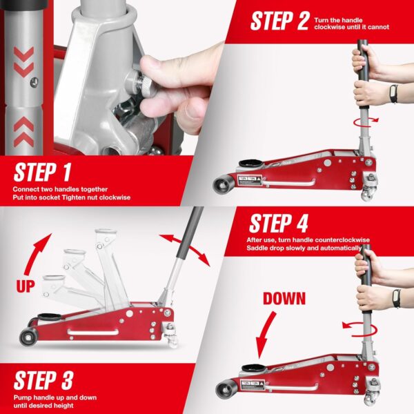 9cdef47e79824032bf6d412c9973fe93 3 Ton Low Profile, Aluminum and Steel Racing Floor Jack with Dual Pistons Quick Lift Pump for Sport Utility Vehicle, Lifting Range 3-15/16" min to 18-5/16" max, Red