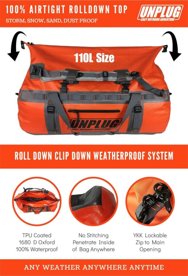 9cf35a612ab84372a8f312679521b7e8 UNPLUG Ultimate Adventure Bag -1680D Heavy Duty Waterproof Travel Duffel Bags for Camping, Motorcycle Dry Bag, Waterproof Bags for Boating, Waterproof Duffle Backpack,Tactical Duffle Bag