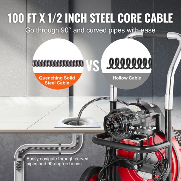 9e01a1d333ee4fb6bae042b5d81d5ac8 VEVOR Drain Cleaner Machine 100FT x 1/2 Inch, Auto Feed Sewer Snake Auger on Wheels, 550W Portable Drain Cleaning Machine with 8 Cutters & Air-activated Foot Switch for 2" to 4" Pipes