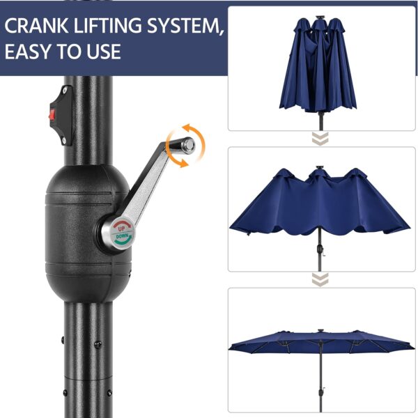 9e6e41822c1142afbf0be7b65d9c0ef7 15 ft Large Patio Umbrella with Solar Lights Double-Sided Outdoor Rectangle Market Umbrellas with 36 LED Lights/Base Included/Easy Crank for Patio Garden Yard Pool Lawn, Brown