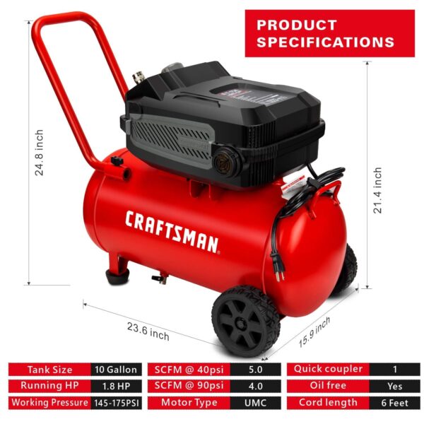 9eb34109a8364de0a9b120f8f0481139 CRAFTSMAN HARD Air Compressor, 10 Gallon 1.8 HP 175 PSI, 4.0CFM@90PSI, Oil Free and Maintenance Free, Portable with Large Wheels, CMXECXA0201041