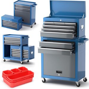 Tool Chest 8-Drawer | 42'' Large Rolling Tool Chest with Wheels | Detachable Top Metal Tool Box | Garage Storage Cabinet for Repair Room,Warehouse | Rolling Tool Box with Hooks,Liners,Tray Divider
