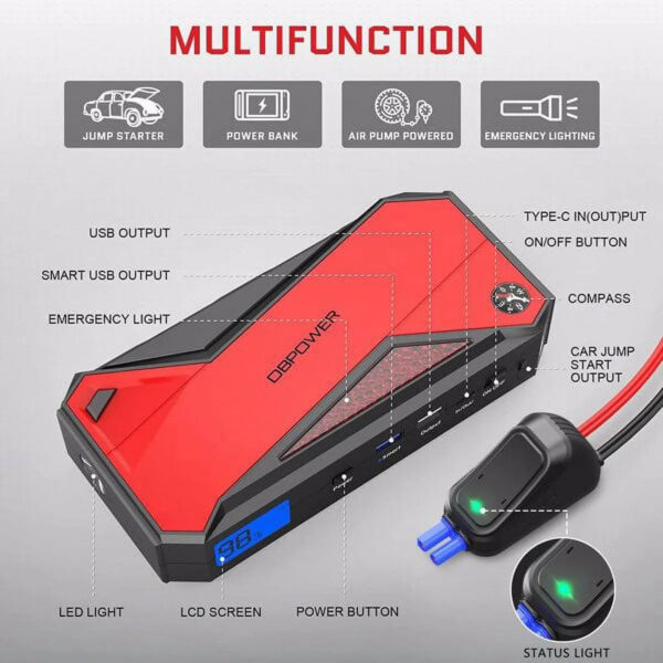 a080652fbe544d0798c9ac94123a2204 Peak 1600A 18000mAh Car Battery Jump Starter, up to 7.2 Gas, 5.5L Diesel Engines, Portable Battery Booster with Smart Charging Port, LCD Display, Intelligent Jumper Clamps, DJS90, Red Black