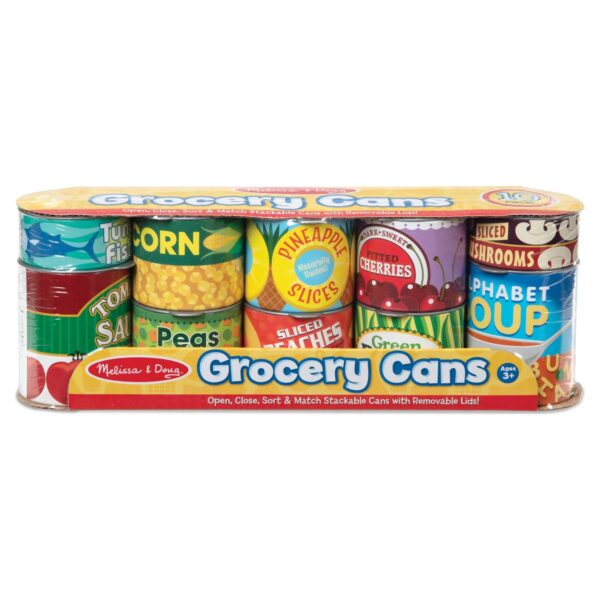 Melissa & Doug Grocery Cans Play Food Kitchen Accessory - 10 Stackable Cans With Removable Lids