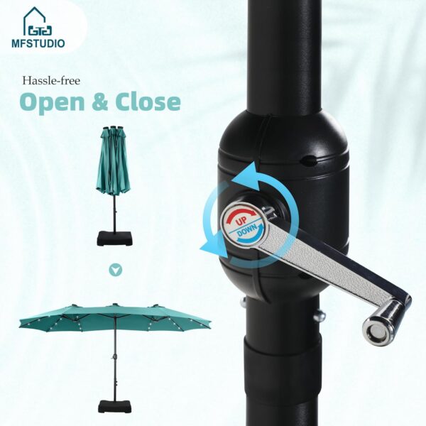 a0dcc469508d4cdb8ab9c80d705e4770 15ft Double Sided Patio Umbrella with Solar Lights, Outdoor Large Umbrellas with Crank Handle and 36 LED Lights, Rectangular Market Umbrella with Base Included for Deck Pool Shade