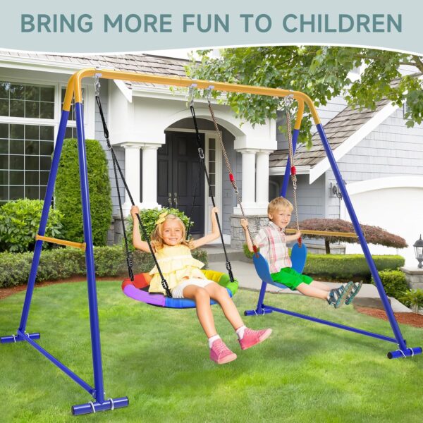 a0ede16fef3c45b08e1a18592d26c7e6 Swing Sets for Backyard, Toddler Swing Set with 2 Seat 1 Saucer & 1 Belt Seat, 440lbs Heavy-Duty Swing Frame w/8 Ground Stakes, A Frame Outdoor Swingset for Kids and Adults for Backyard