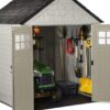 Rubbermaid 7×7 Ft Durable Weather Resistant Resin Outdoor Garden Storage Shed with Windows and Utility Hooks, Sand