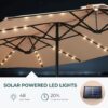 Double Sided Patio Umbrellas - 15ft Solar Lights LED Lighted Outdoor Extra Large Market Table Umbrella with Base Included, Oversized Umbrella for Deck, Pool, Backyard (Beige)