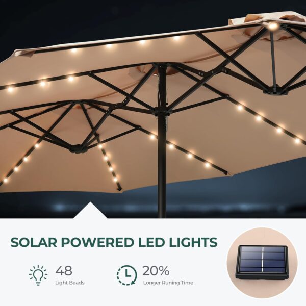 a256dc73dd364c23b97f7dacabdd48c4 Double Sided Patio Umbrellas - 15ft Solar Lights LED Lighted Outdoor Extra Large Market Table Umbrella with Base Included, Oversized Umbrella for Deck, Pool, Backyard (Beige)