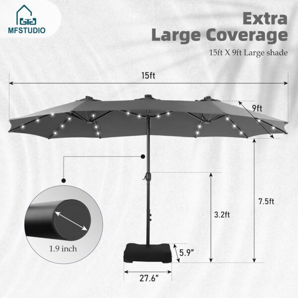a27555b0a81e4667a9515278a9084084 15ft Double Sided Patio Umbrella with Solar Lights, Outdoor Large Umbrellas with Crank Handle and 36 LED Lights, Rectangular Market Umbrella with Base Included for Deck Pool Shade