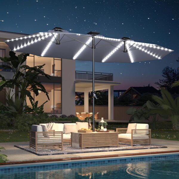 a2bf16426d454078a869b1bb4ce85ab7 15ft Patio Umbrella with Solar Lights, Large Double Umbrella Outdoor, Rectangle 180''x106'' Umbrellas with 156 PCS LED Lights and Crank Handle for Backyard Deck Pool Shade in Black(1.9" Pole)