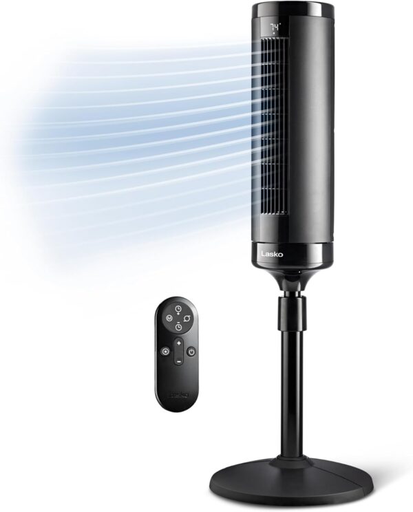 a2ccebcfa3dd4314b20136006c7bde85 LASKO Elevation 42”-54” Adjustable Height Pedestal Tower Fans for Home, 31 ft/s Airflow, Quiet 28 dB on Low, 90° Oscillation, 12 Hour Timer, Remote Control, Black, EST100