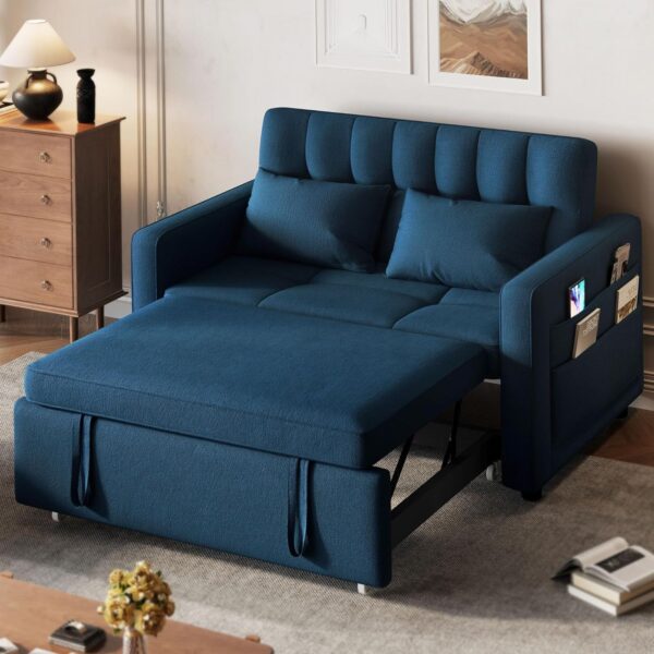 a46b4598497c4044a7bfe44731e8328d 3-in-1 Convertible Sofa Bed, 55" Sleeper Sofa with Pull-Out Bed, Cat-Scratch-Proof Fabric Futon Couch with Adjustable Backrest and Side Pocket, Loveseat for Living Room Apartment, Grey