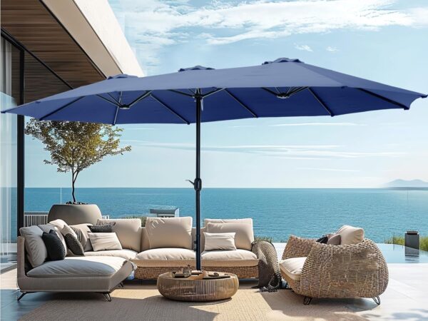 a493085b3bd9430299d85899c082d19c 15ft Patio Umbrella Double-Sided Outdoor Market Extra Large Umbrella with Crank, Umbrella Base Included (Dark Red)