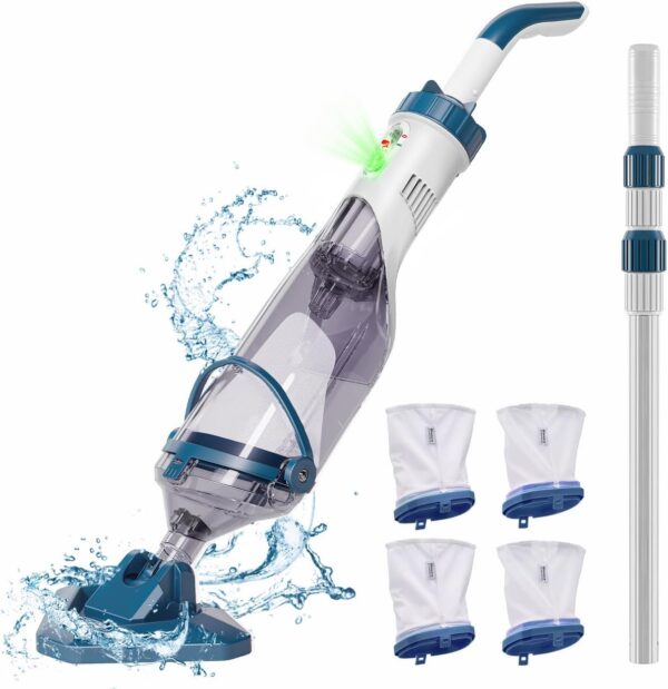 a5178552204b42babbc085e54b58950b Pool Vacuum for Above Ground Pool with a Telescopic Pole, Running time up to 1H, T403 Handheld Rechargeable Pool Cleaner with Powerful Suction up to 18.5 gallons/min, Ideal for Leaves, Debris