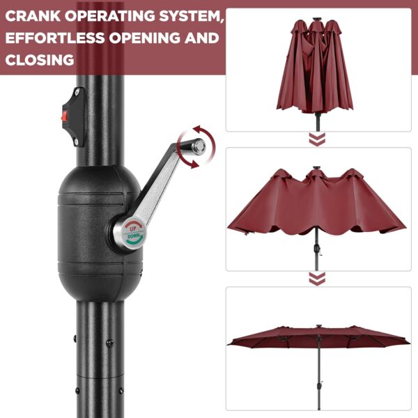 a55b8c905da14446b8e5036745bda457 15 ft Large Patio Umbrella with Solar Lights Double-Sided Outdoor Rectangle Market Umbrellas with 36 LED Lights/Base Included/Easy Crank for Patio Garden Yard Pool Lawn, Brown