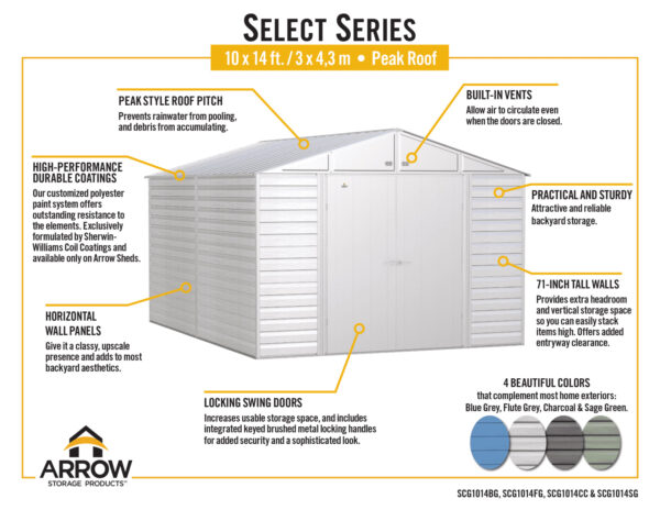 a5949079e3cc4a9a9b7b2348da031394 Arrow Select Steel Storage Shed, 10x14, Blue Grey