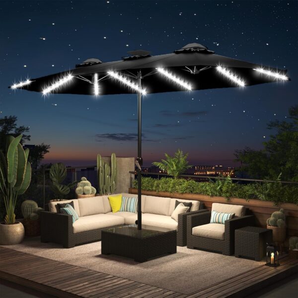 a66e9e6246784b4790217d66ac19e3c9 15ft Patio Umbrella with Solar Lights, Large Double Umbrella Outdoor, Rectangle 180''x106'' Umbrellas with 156 PCS LED Lights and Crank Handle for Backyard Deck Pool Shade in Black(1.9" Pole)