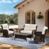 Outdoor Swivel Rocker Patio Chairs with 6-Inch Thick Cushions and Side Table, 3PCS High Back Wicker Patio Furniture Set for Porch, Balcony, Deck and Yard in Blue