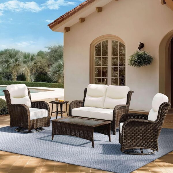 a6a0d34c05cc4adf98faeffbda14656d Outdoor Swivel Rocker Patio Chairs with 6-Inch Thick Cushions and Side Table, 3PCS High Back Wicker Patio Furniture Set for Porch, Balcony, Deck and Yard in Blue