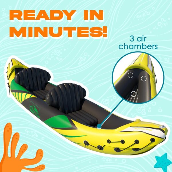a6bf0b8666d44040a2bbfc29136b4eb9 KP Inflatable Kayak 2 Person with Sun Canopy (Detachable) + Kayaks for Adults + 3rd Seat for Dog/Child + Waterproof Phone Bags + Adjustable Seats + Kayak + Backrests & More + New 2024 + Yellow Green