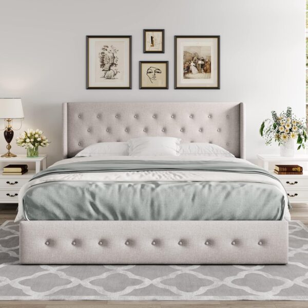 a78791a41cef477bb18eb5ccf5f80b82 Queen Size Lift Up Storage Bed, Modern Wingback Headboard, Hydraulic Support, No Box Spring Needed, Light Beige