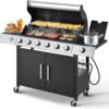 Upgraded 4 Burner BBQ Propane Gas Grill with Cast Iron Grates & Side Stove, 44,000 BTU Stainless Steel Burner Barbecue Grill for Patio, Camping, Outdoor Cooking MELLCOM