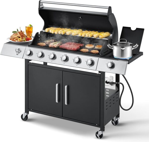 a79af0b9d65949d7ae0a6426f364ad9d Upgraded 4 Burner BBQ Propane Gas Grill with Cast Iron Grates & Side Stove, 44,000 BTU Stainless Steel Burner Barbecue Grill for Patio, Camping, Outdoor Cooking MELLCOM