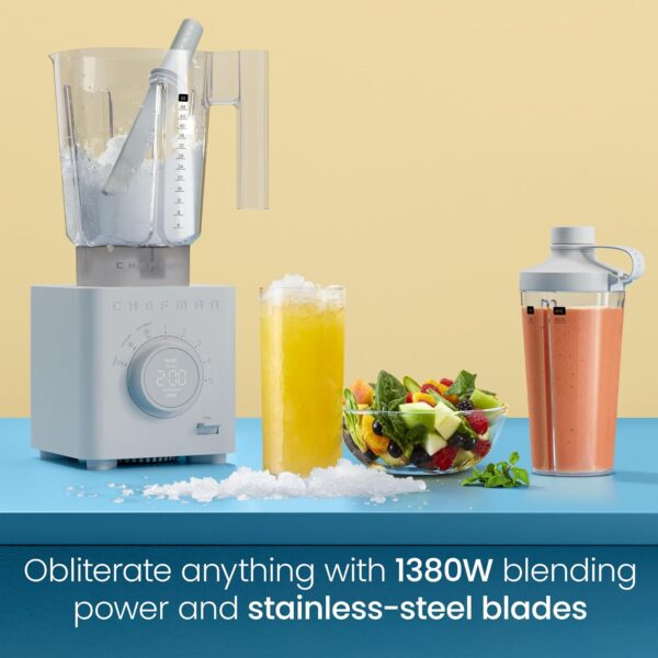 a84f20a596d449ab9d2255b46db7aee6 Chefman Obliterator 48 oz Countertop Blender for Smoothies, 1380W Motor to Crush Ice, Nuts, and Frozen Fruit with Stainless Steel Blade, Auto Blend Function, Includes 20 oz Travel Jar - Midnight