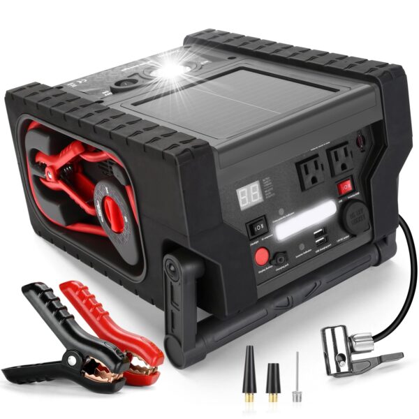 a8b2f3269531451d90b5195d2eb79a7e Solar Portable Power Station 2000 Amps Jump Starter, 260 PSI Air Compressor, 12V Car Battery Charger with 400W Inverter Dual AC/DC/USB Output, Emergency Backup Power with Flashlights