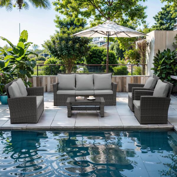 a8cad259bb964dd297d044eb036fed7d Wisteria Lane 4 Piece Outdoor Patio Furniture Sets, Wicker Conversation Set for Porch Deck, Grey Rattan Sofa Chair with Cushion (Blue