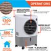 MC18M Portable Evaporative Cooling Fan, Indoor/Outdoor High Temp Environments, 1300 CFM, 500 sq. ft., 2-Speed Fan, 53.4 dB, White