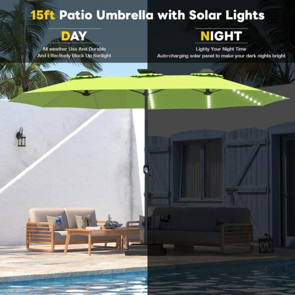 a90267fba9524336b7a57b6bacecc64a 15ft Patio Umbrella with Solar Lights, Large Double Umbrella Outdoor, Rectangle 180''x106'' Umbrellas with 156 PCS LED Lights and Crank Handle for Backyard Deck Pool Shade in Black(1.9" Pole)