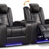 Power Home Theater Seating Set of 3, Brown Faux Leather Electric Recliner Chair with Powered Headrest, Dual Motors Movie Reclining Chairs with LED Lights,USB Port,Cup Holders, Hidden Arm Storage