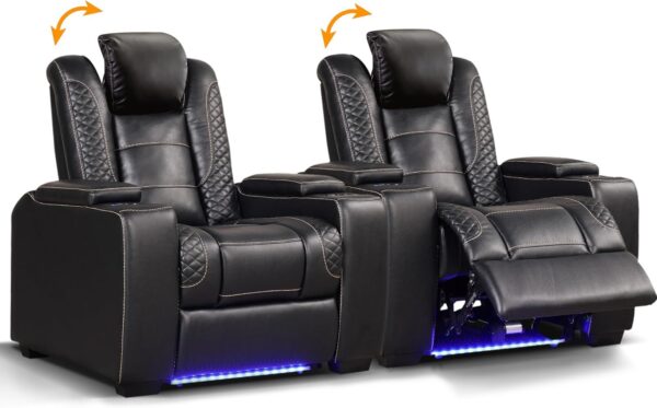 a93b5e99815244abbc05124607f5f89e Power Home Theater Seating Set of 3, Brown Faux Leather Electric Recliner Chair with Powered Headrest, Dual Motors Movie Reclining Chairs with LED Lights,USB Port,Cup Holders, Hidden Arm Storage