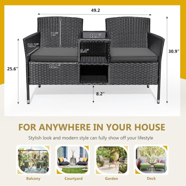 aa17194c8c9c4d679a8abe0cb1ad5523 Outdoor Furniture Patio Loveseat Wicker 2-Seat with Built-in Table and Cushions Rattan Porch Chairs Bench for Balcony, Lawn, Backyard (Beige)