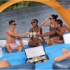 Tropical Breeze 6 Person Inflatable Party Island Large Relaxing Water Float with Detachable Sunshade and Cooler Bag