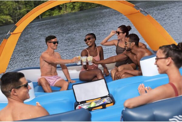 aae62fe473f44708b1f1856c5d585bdd Tropical Breeze 6 Person Inflatable Party Island Large Relaxing Water Float with Detachable Sunshade and Cooler Bag