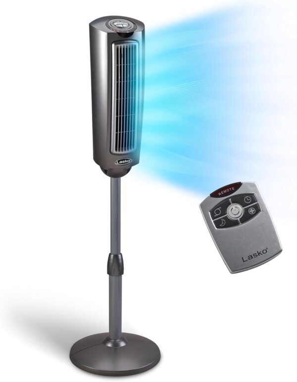 ab1346d6f0354530810d0324fa26f0b2 LASKO Elevation 42”-54” Adjustable Height Pedestal Tower Fans for Home, 31 ft/s Airflow, Quiet 28 dB on Low, 90° Oscillation, 12 Hour Timer, Remote Control, Black, EST100