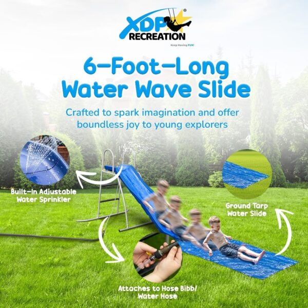 ab5d32a7d2914e9a9dd6326b045efa79 XDP Recreation 6 Foot Water Wave Slide with Built In Adjustable Sprinkler, Freestanding with Ground Pad and Hose Extension for Lawn Fun, Ages 3 to 8