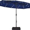 15 ft Large Patio Umbrella with Solar Lights Double-Sided Outdoor Rectangle Market Umbrellas with 36 LED Lights/Base Included/Easy Crank for Patio Garden Yard Pool Lawn, Brown