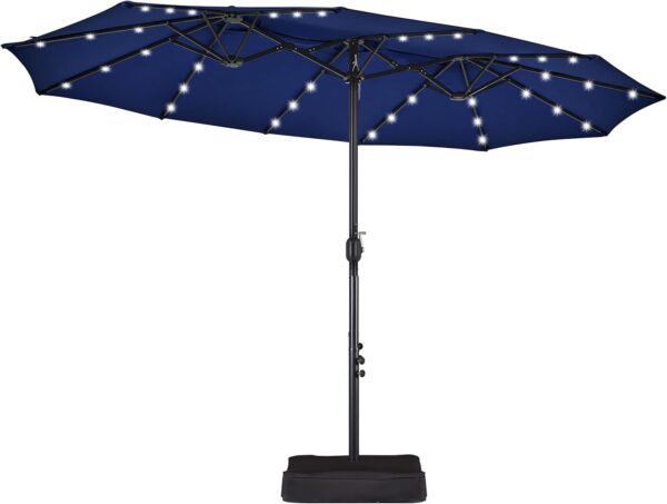 ab877d1ebf5f42c0b39fda4cb187f295 15 ft Large Patio Umbrella with Solar Lights Double-Sided Outdoor Rectangle Market Umbrellas with 36 LED Lights/Base Included/Easy Crank for Patio Garden Yard Pool Lawn, Brown