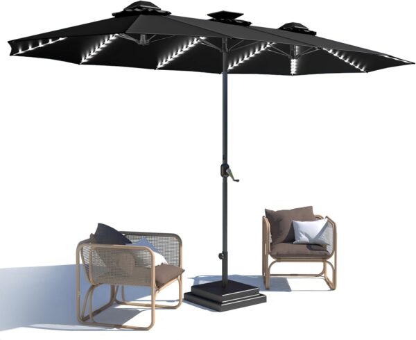 abd8bc8d66e54ca8bed61bba9804cbde 15ft Patio Umbrella with Solar Lights, Large Double Umbrella Outdoor, Rectangle 180''x106'' Umbrellas with 156 PCS LED Lights and Crank Handle for Backyard Deck Pool Shade in Black(1.9" Pole)