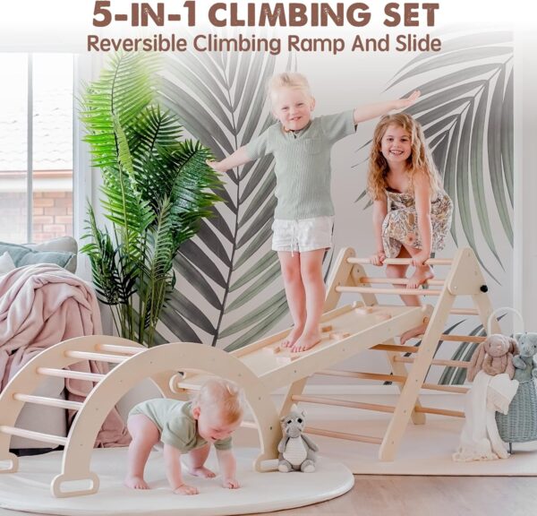 ac384cb7329c45938b485e4cc9174fe6 5 in 1 Pikler Triangle Set, Baby Climbing Toy Indoor Playground, Kids Jungle Gym