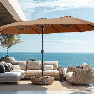 15ft Patio Umbrella Double-Sided Outdoor Market Extra Large Umbrella with Crank, Umbrella Base Included (Dark Red)