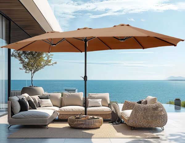 ac9af2afd46e476fa851d37ab4180d6d 15ft Patio Umbrella Double-Sided Outdoor Market Extra Large Umbrella with Crank, Umbrella Base Included (Dark Red)