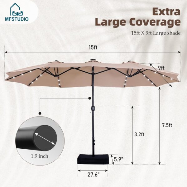 acc35e31700549e5930260f36e9e8c1c 15ft Double Sided Patio Umbrella with Solar Lights, Outdoor Large Umbrellas with Crank Handle and 36 LED Lights, Rectangular Market Umbrella with Base Included for Deck Pool Shade