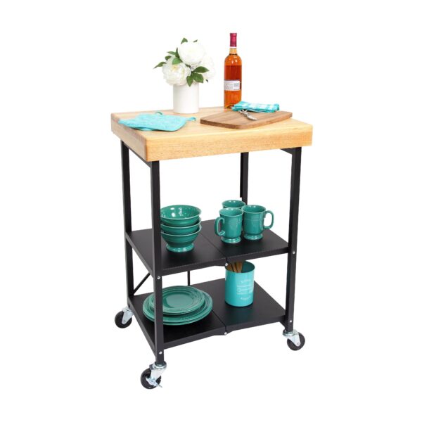 Origami Foldable Wheeled Portable Wood Top Kitchen Island Bar Cart, Black