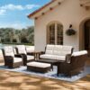 Outdoor Swivel Rocker Patio Chairs with 6-Inch Thick Cushions and Side Table, 3PCS High Back Wicker Patio Furniture Set for Porch, Balcony, Deck and Yard in Blue
